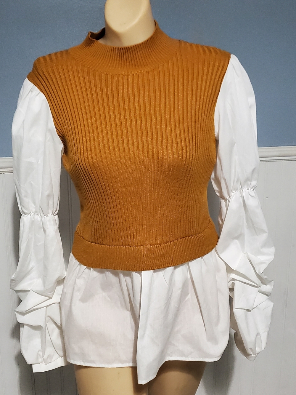 Romantic Ribbed Cropped Mock Neck Sweater Vest in Mustard